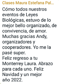 Comentario Maura Posada Navideña Evento 2021 Escuela 5 Leyes Biologicas