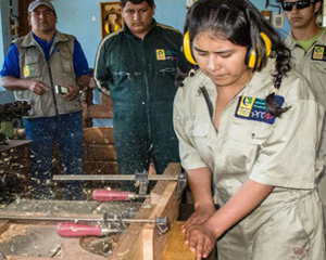 Mujer Taller Ruidos Sierra Electrica Trabajando